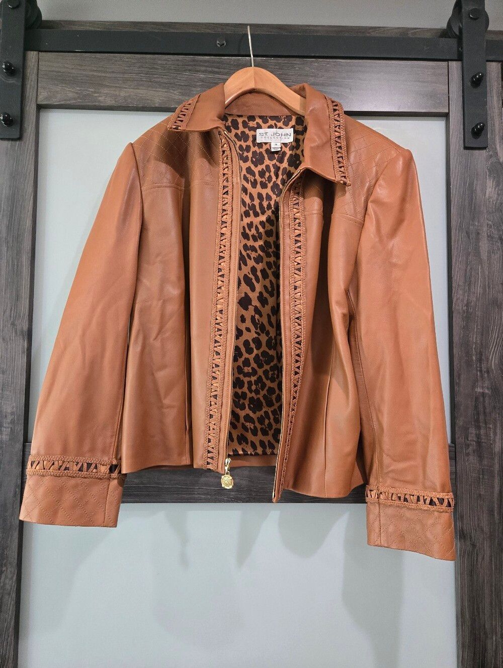 St. John Collection Lamb Leather Jacket Cognac Brown Leopard Detail Size 16